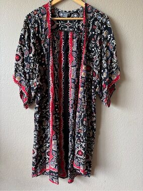 Angie Black Floral Kimono Boho Duster Outfit Topper Vacation Lightweight Size L